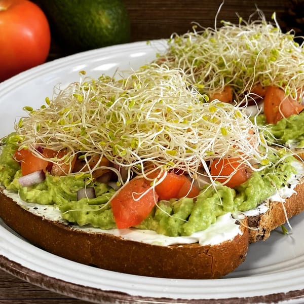 Two slices of avocado toast topped with tomatoes, red onion, and alfalfa sprouts on a white plate.