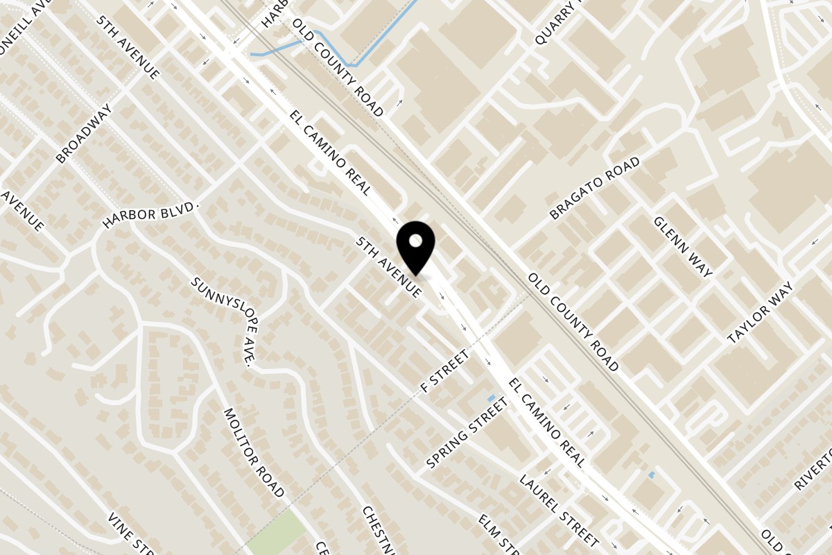 Map showing the location of Avocado Toast Belmont on 1602 El Camino Real Ste A in Belmont